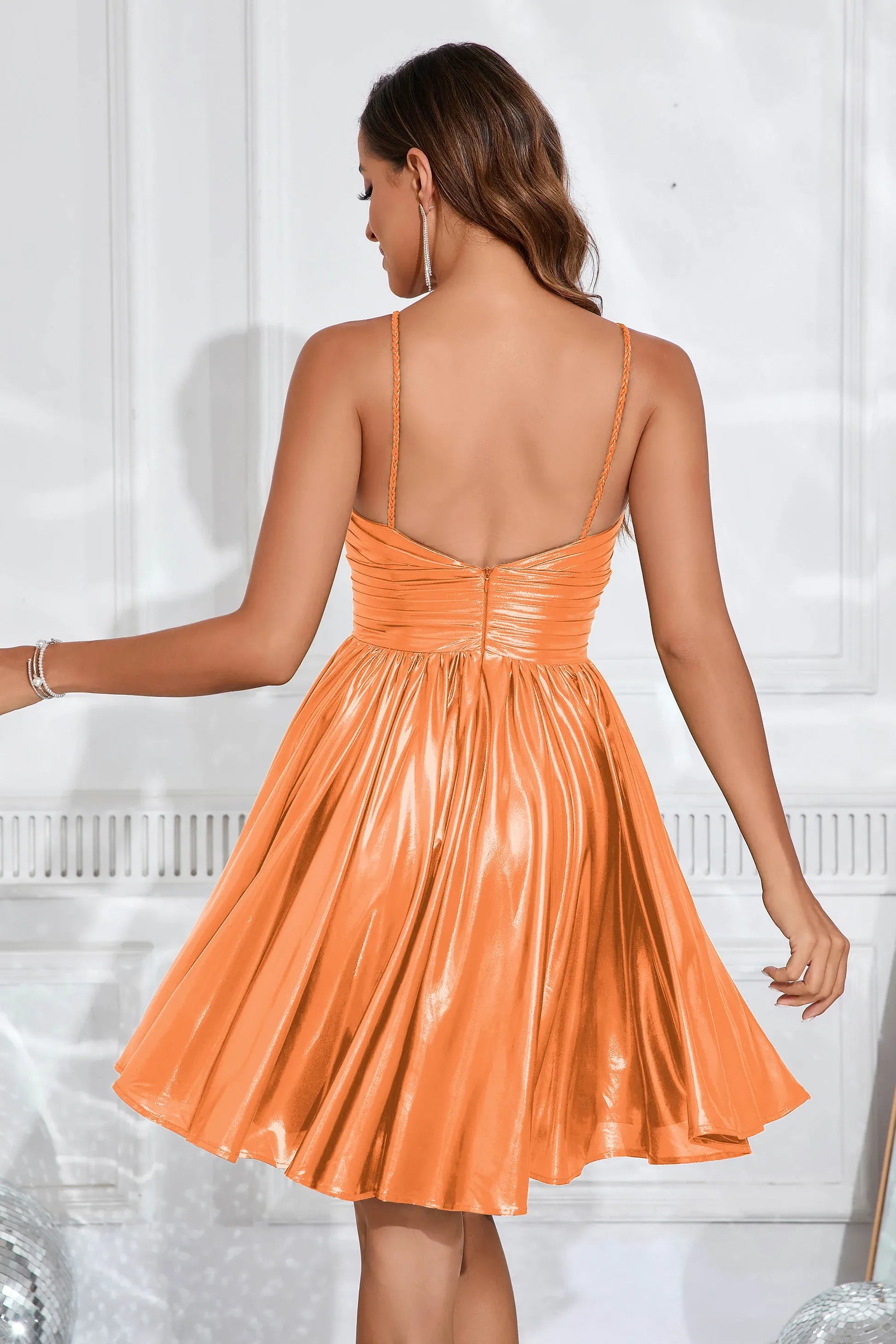 Glamorous A-Line Strappy Sleeveless Metallic Short Ruched Homecoming Dress