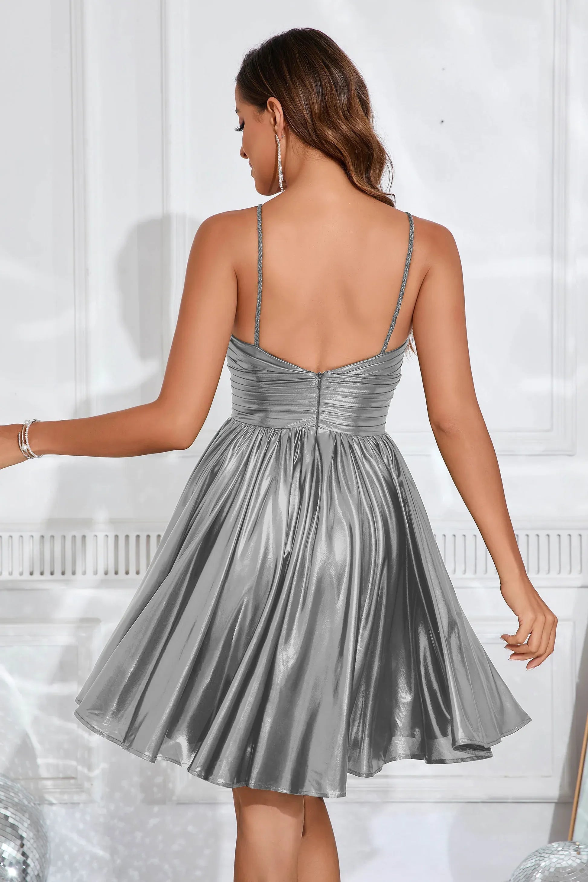Glamorous A-Line Strappy Sleeveless Metallic Short Ruched Homecoming Dress