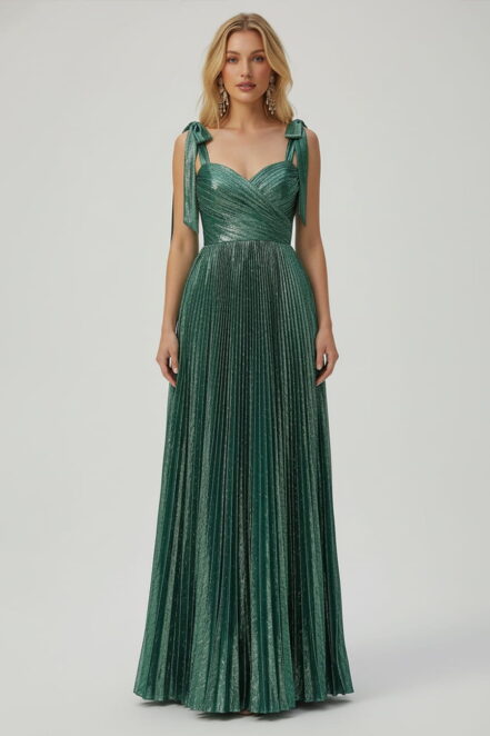 Glamorous A Line Sweetheart Neck Metallic Floor Length Pleated Bow Maxi Dress