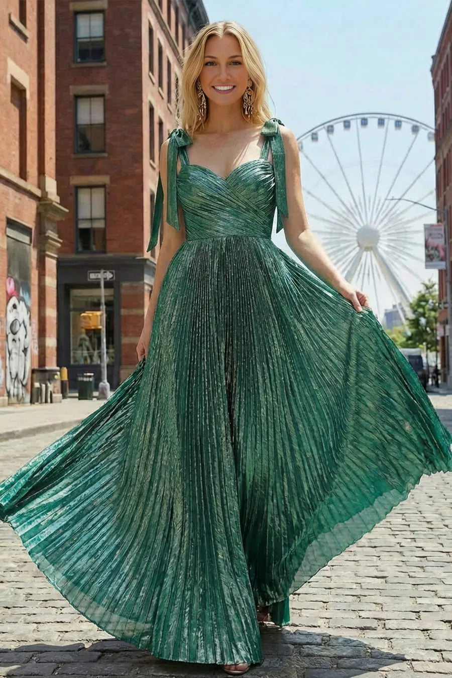 Glamorous A Line Sweetheart Neck Metallic Floor Length Pleated Bow Maxi Dress