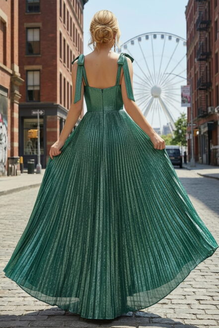 Glamorous A Line Sweetheart Neck Metallic Floor Length Pleated Bow Maxi Dress