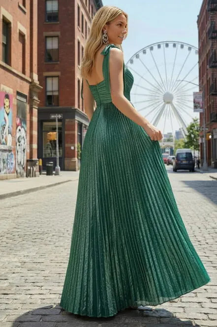 Glamorous A Line Sweetheart Neck Metallic Floor Length Pleated Bow Maxi Dress