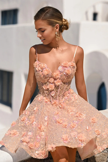 Glamorous A-line Corset Spaghetti Strap Tulle Mini 3D Floral Homecoming Dress