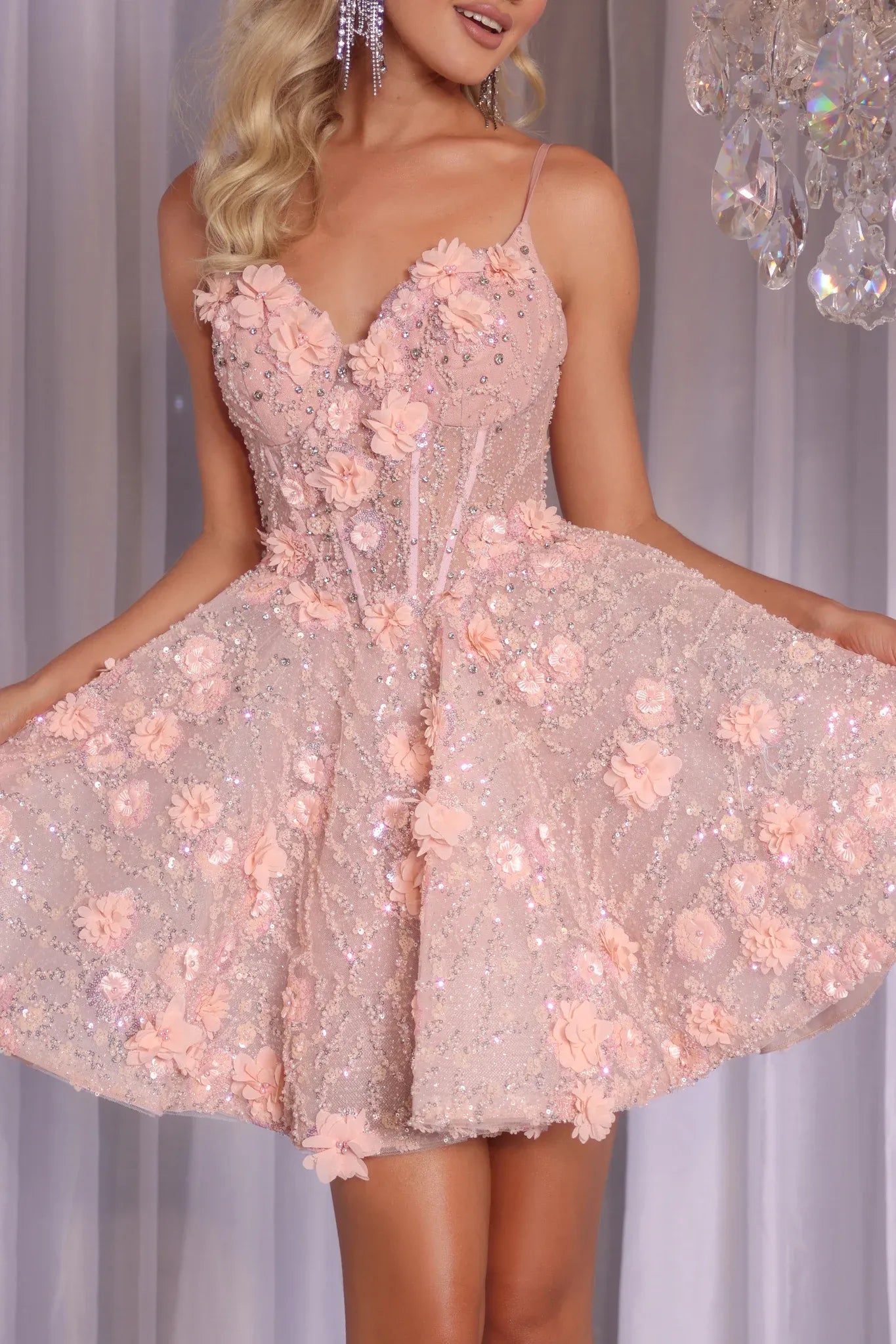 Glamorous A-line Corset Spaghetti Strap Tulle Mini 3D Floral Homecoming Dress