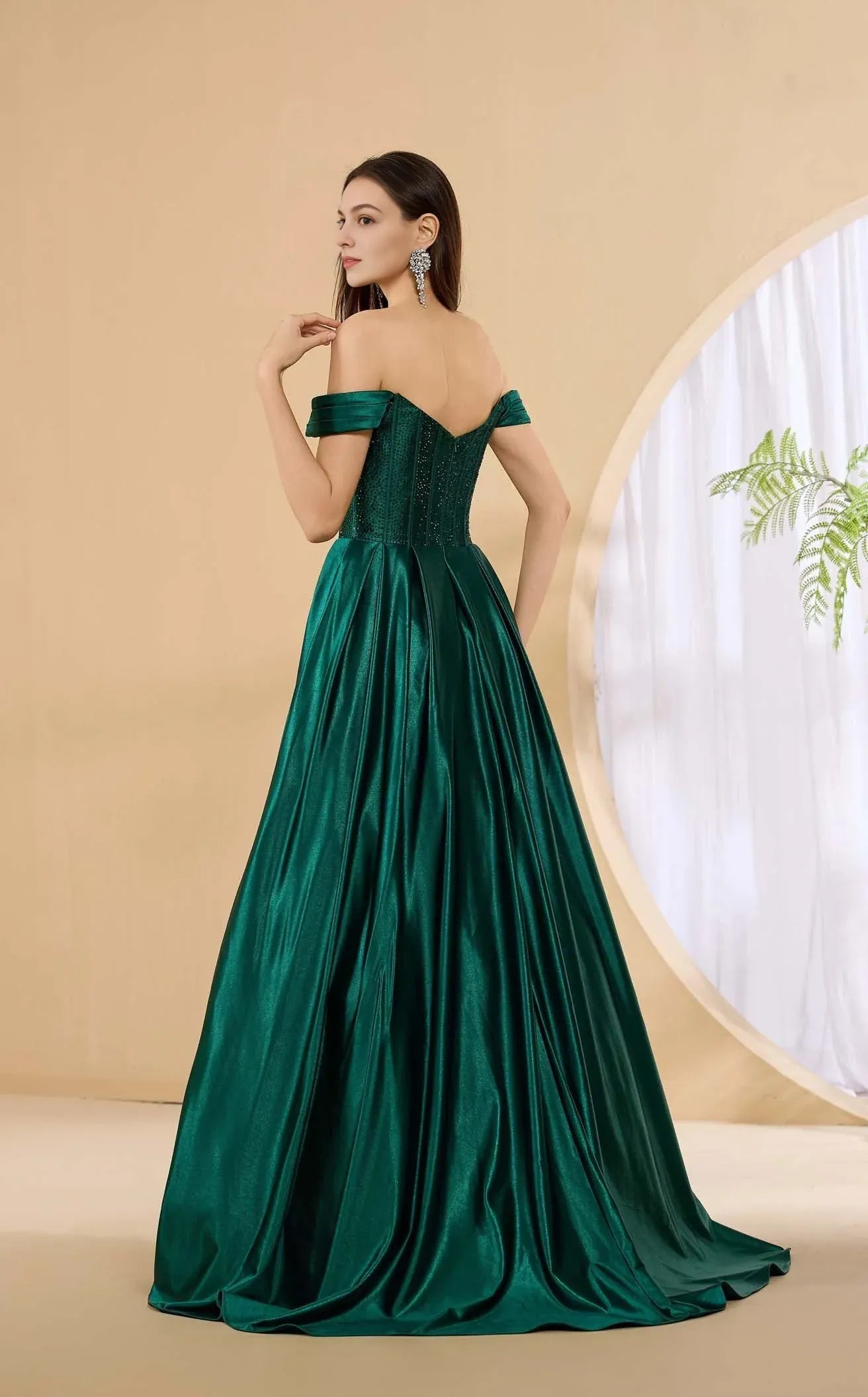 Glamorous A-line Off Shoulder Satin Floor Length Corset Pocket Evening Dress