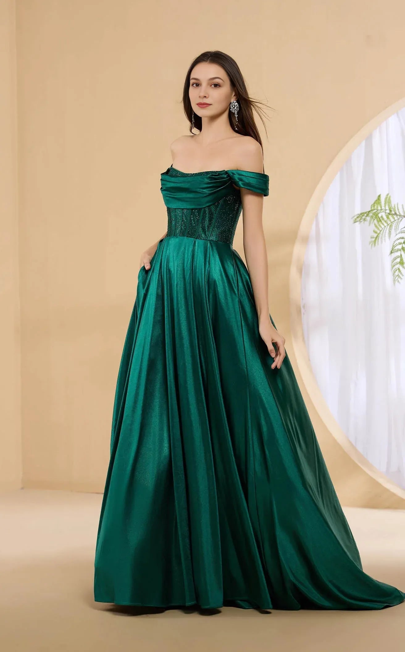 Glamorous A-line Off Shoulder Satin Floor Length Corset Pocket Evening Dress