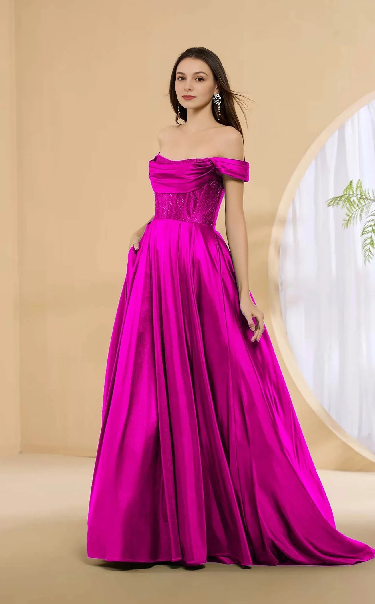 Glamorous A-line Off Shoulder Satin Floor Length Corset Pocket Evening Dress