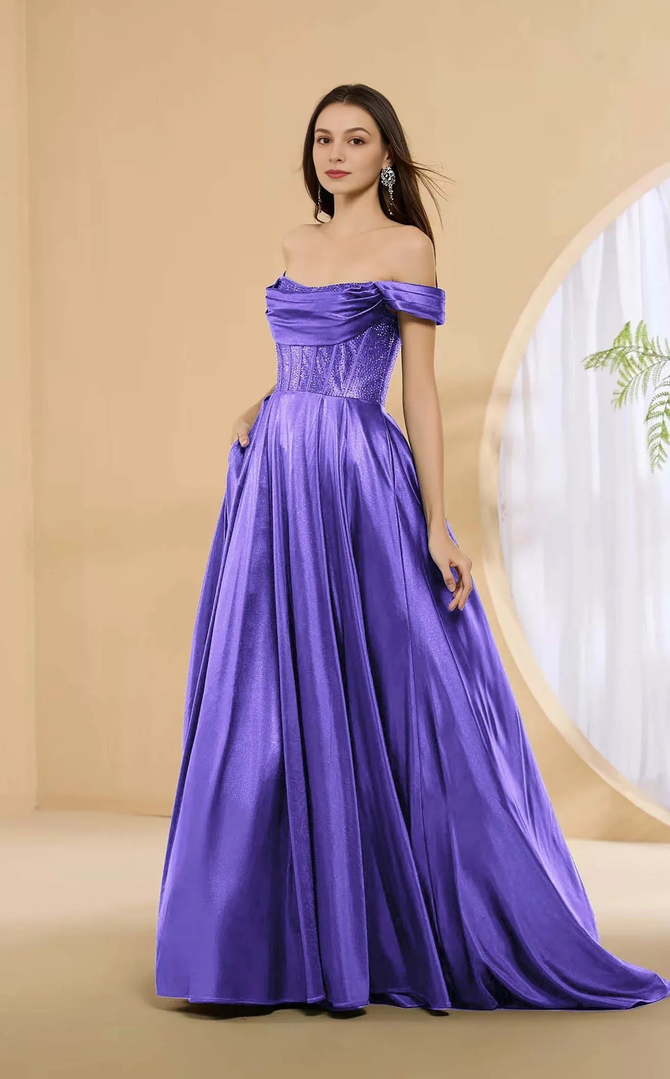 Glamorous A-line Off Shoulder Satin Floor Length Corset Pocket Evening Dress