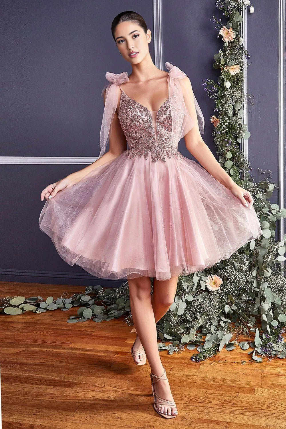 Glamorous A-line V-neck Tie Shoulder Glitter Tulle Short Beaded Bow Strap Homecoming Dress
