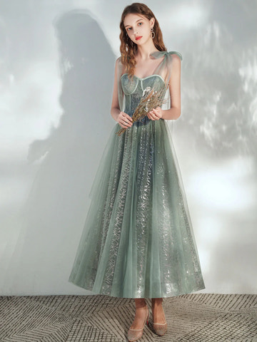Glamorous ALine Sweetheart Tulle Midi Corset Bow Evening Dress