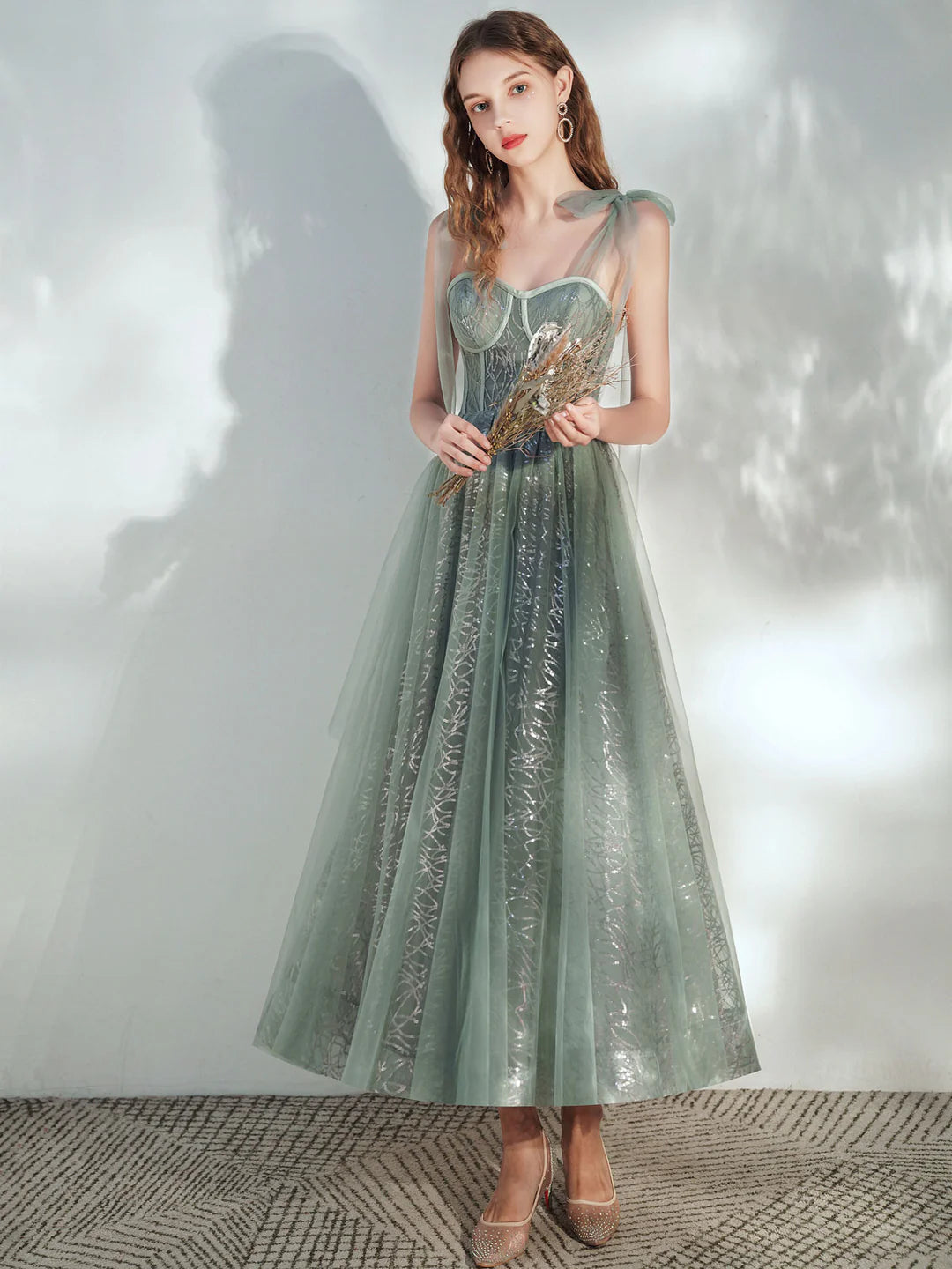 Glamorous ALine Sweetheart Tulle Midi Corset Bow Evening Dress