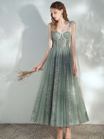Glamorous ALine Sweetheart Tulle Midi Corset Bow Evening Dress