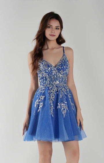 Glamorous ALine VNeck Tulle Short Sequin Applique Homecoming Dress