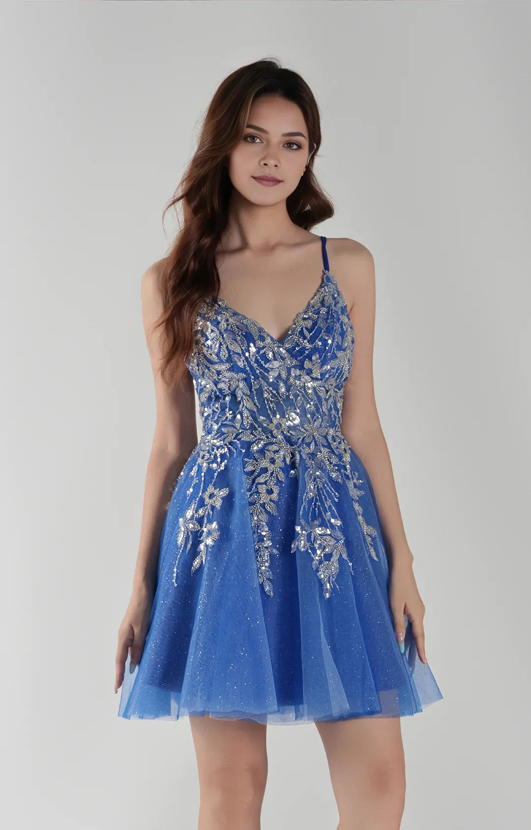 Glamorous ALine VNeck Tulle Short Sequin Applique Homecoming Dress