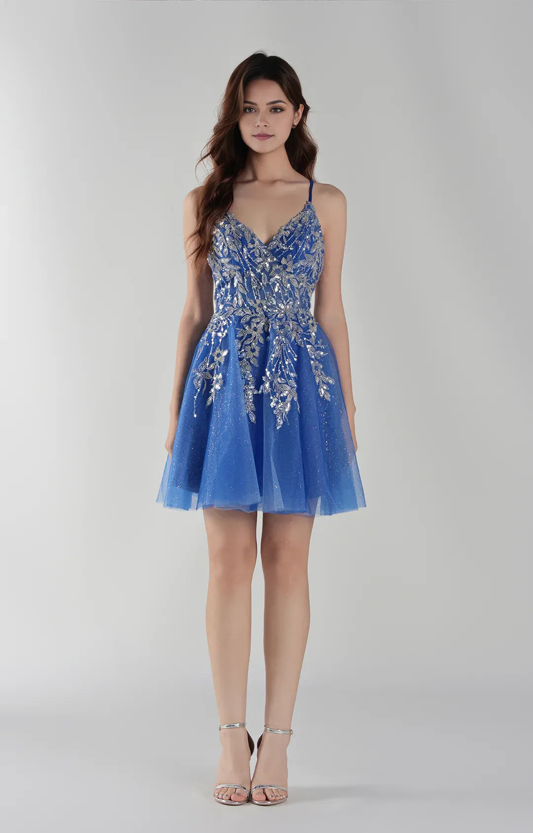 Glamorous ALine VNeck Tulle Short Sequin Applique Homecoming Dress