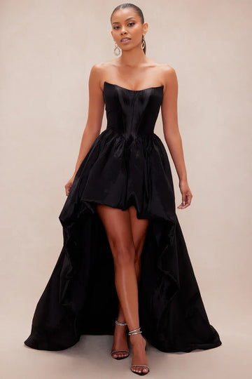 Glamorous A-line BallGown Strapless Neck Satin HighLow Corset Prom Dress