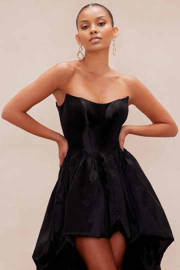 Glamorous A-line BallGown Strapless Neck Satin HighLow Corset Prom Dress