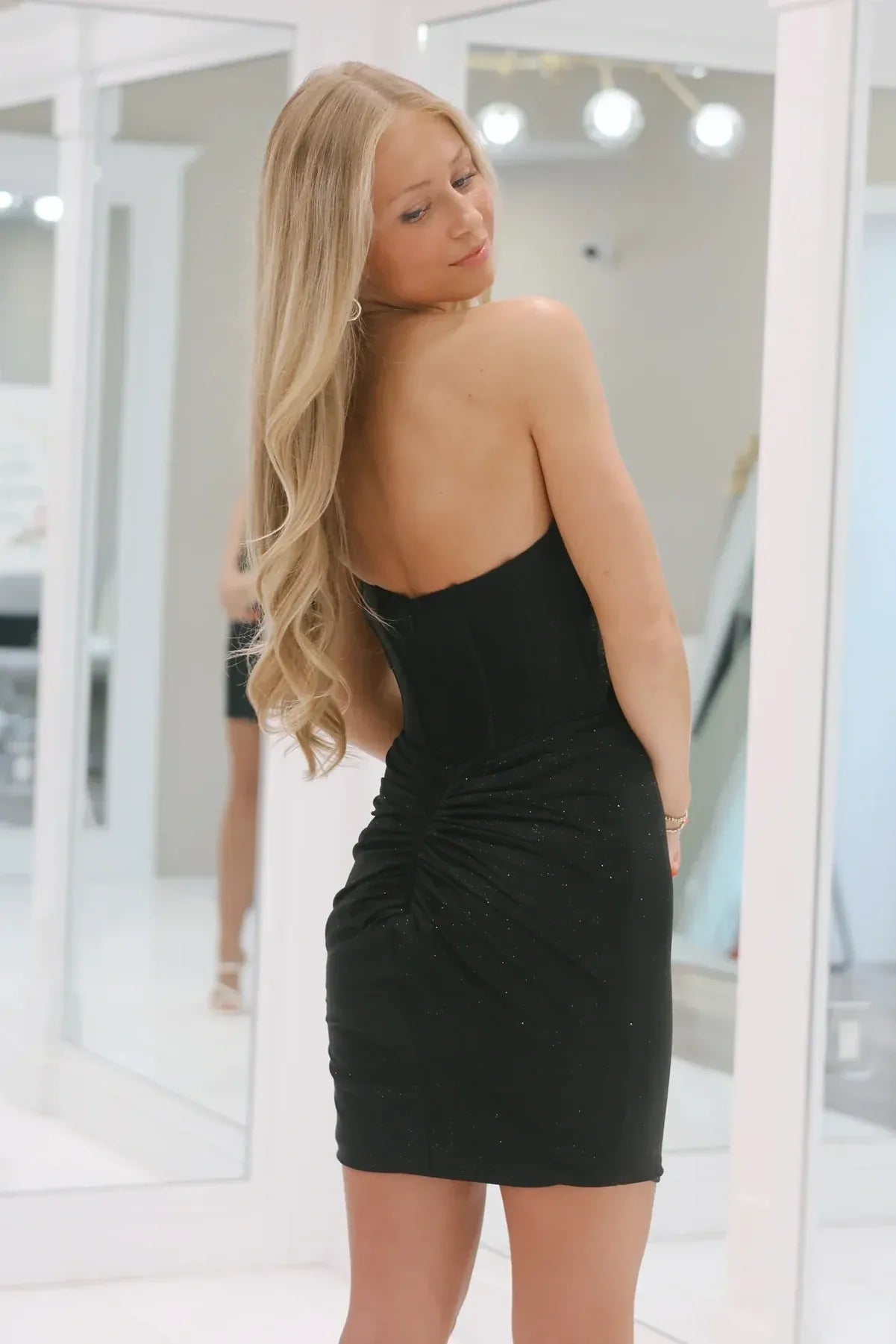 Glamorous Corset Strapless Sleeveless Glitter Ruched Short Homecoming Dress