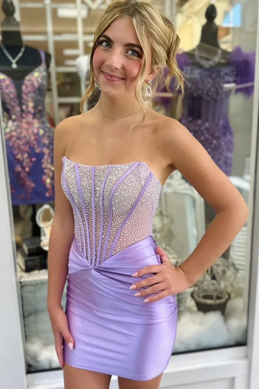 Glamorous Corset Strapless Sleeveless Glitter Short Homecoming Dress