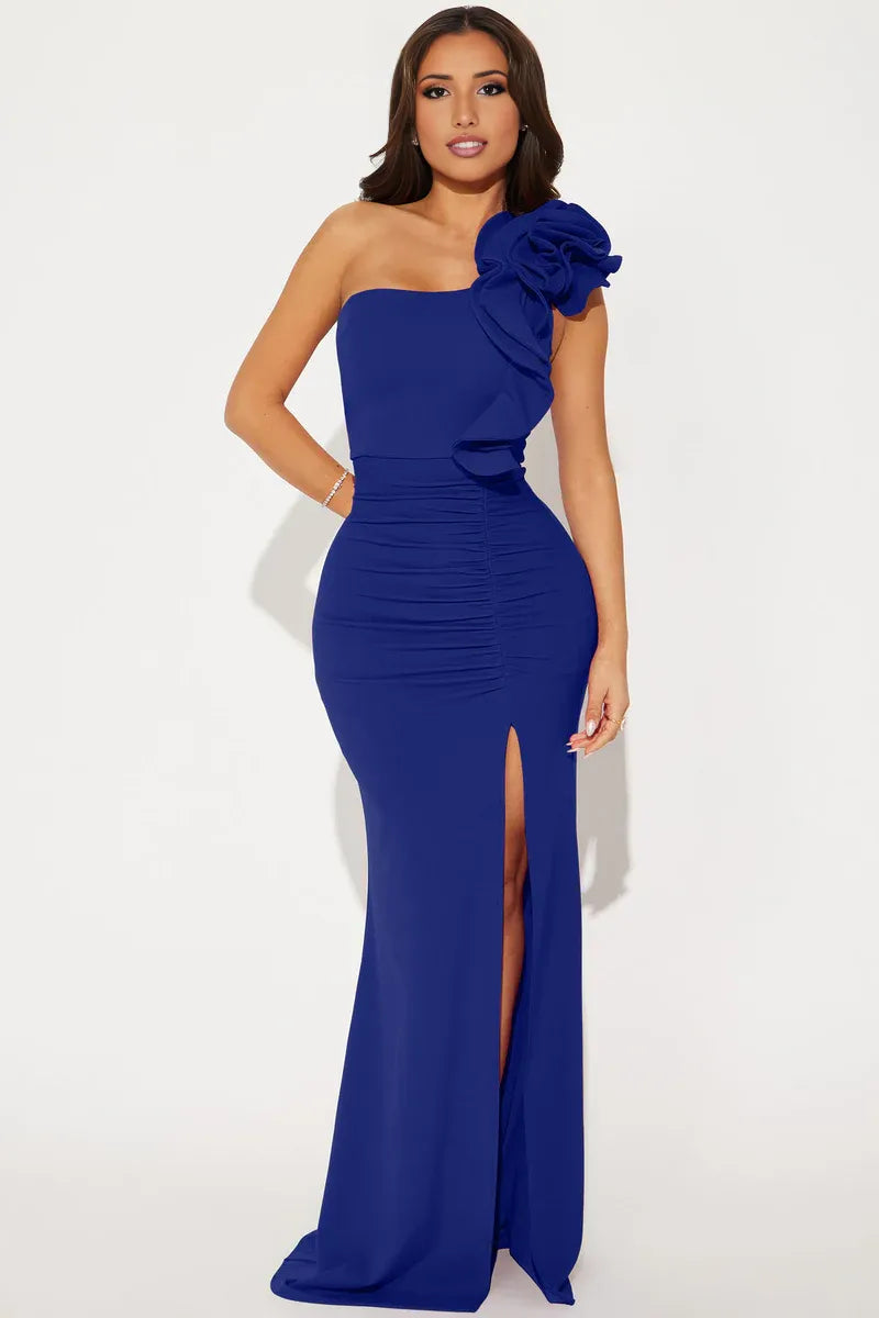 Glamorous Mermaid One-Shoulder Crepe Maxi Ruffled Evening Gown