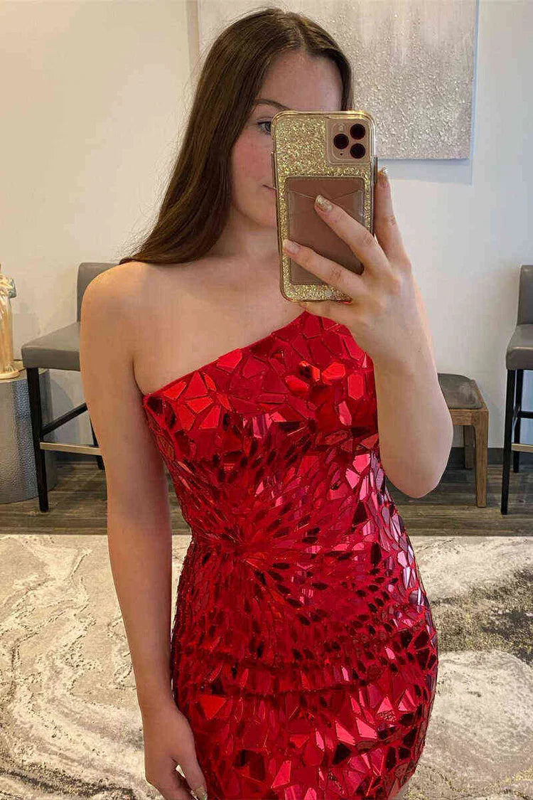 Glamorous Fitted One Shoulder Mirror Sequin Short Bodycon Homecoming Dress