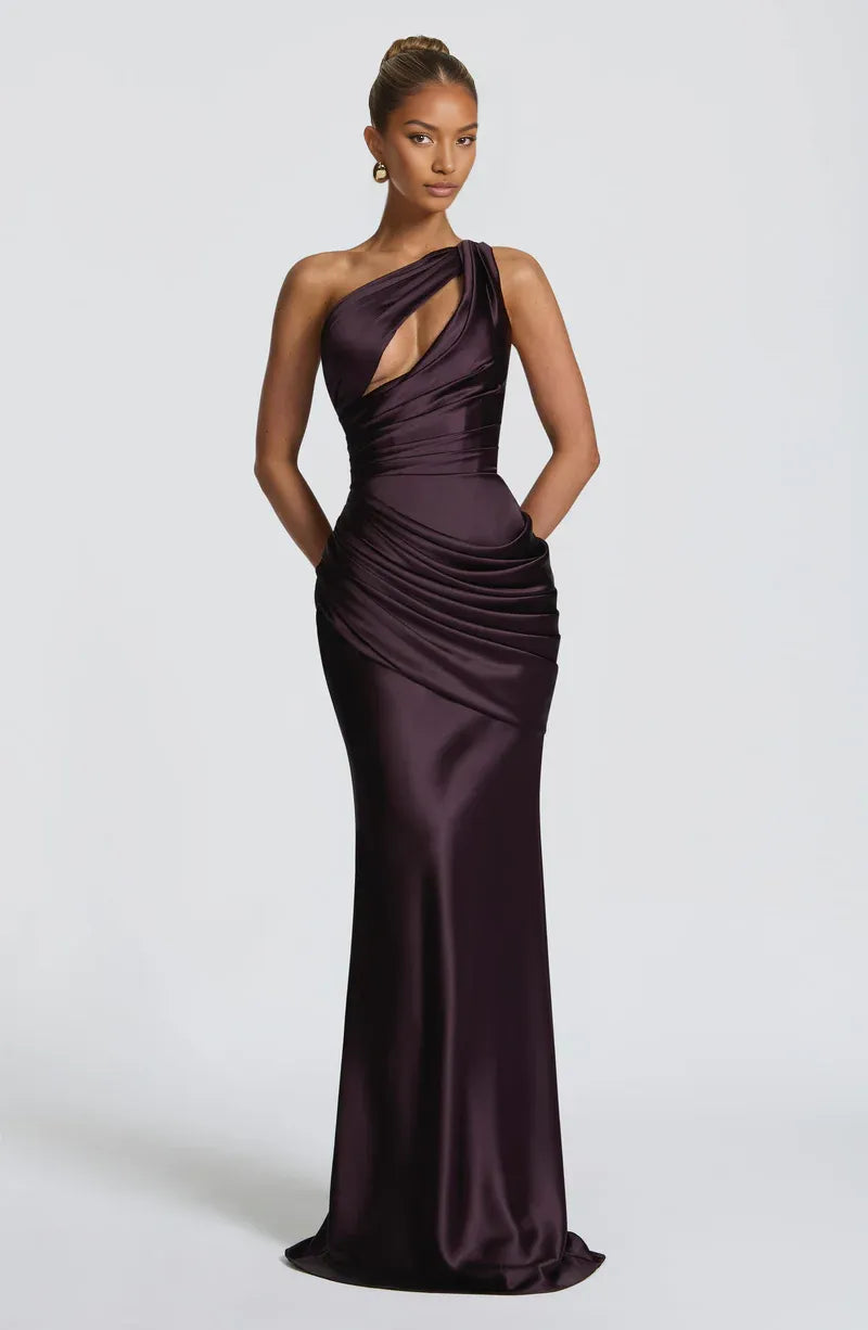 Glamorous Mermaid One Shoulder Satin Maxi Ruched Evening Dress