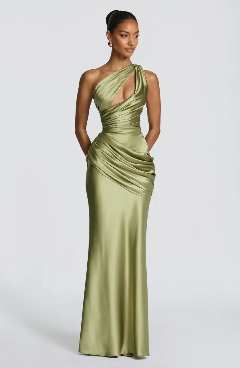Glamorous Mermaid One Shoulder Satin Maxi Ruched Evening Dress
