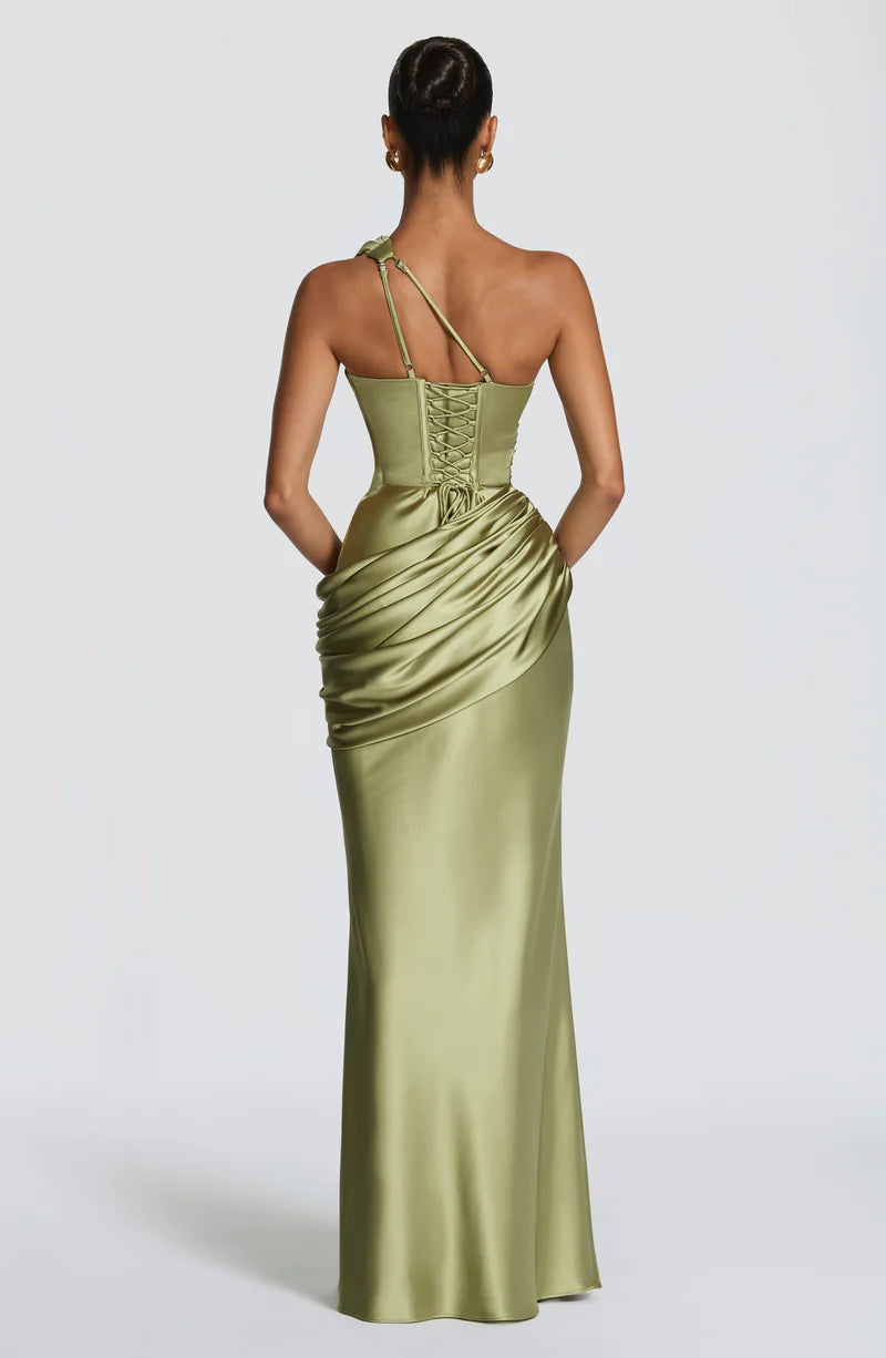 Glamorous Mermaid One Shoulder Satin Maxi Ruched Evening Dress