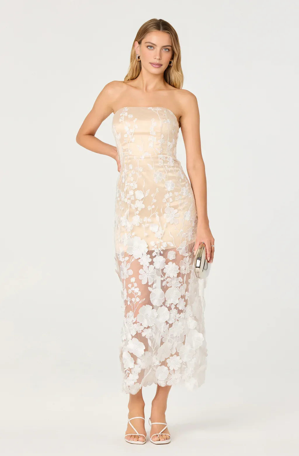 Glamorous Fitted Strapless Mesh Midi Floral Lace Evening Dress