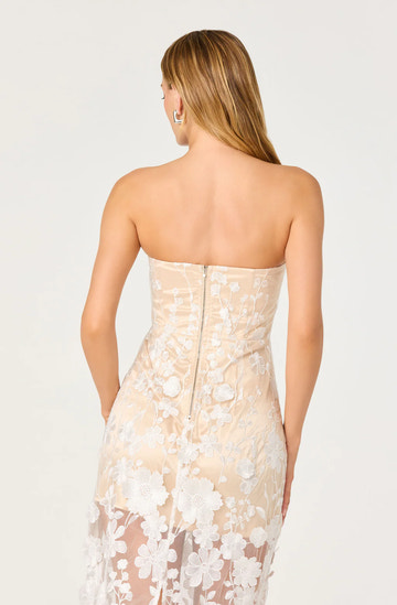 Glamorous Fitted Strapless Mesh Midi Floral Lace Evening Dress