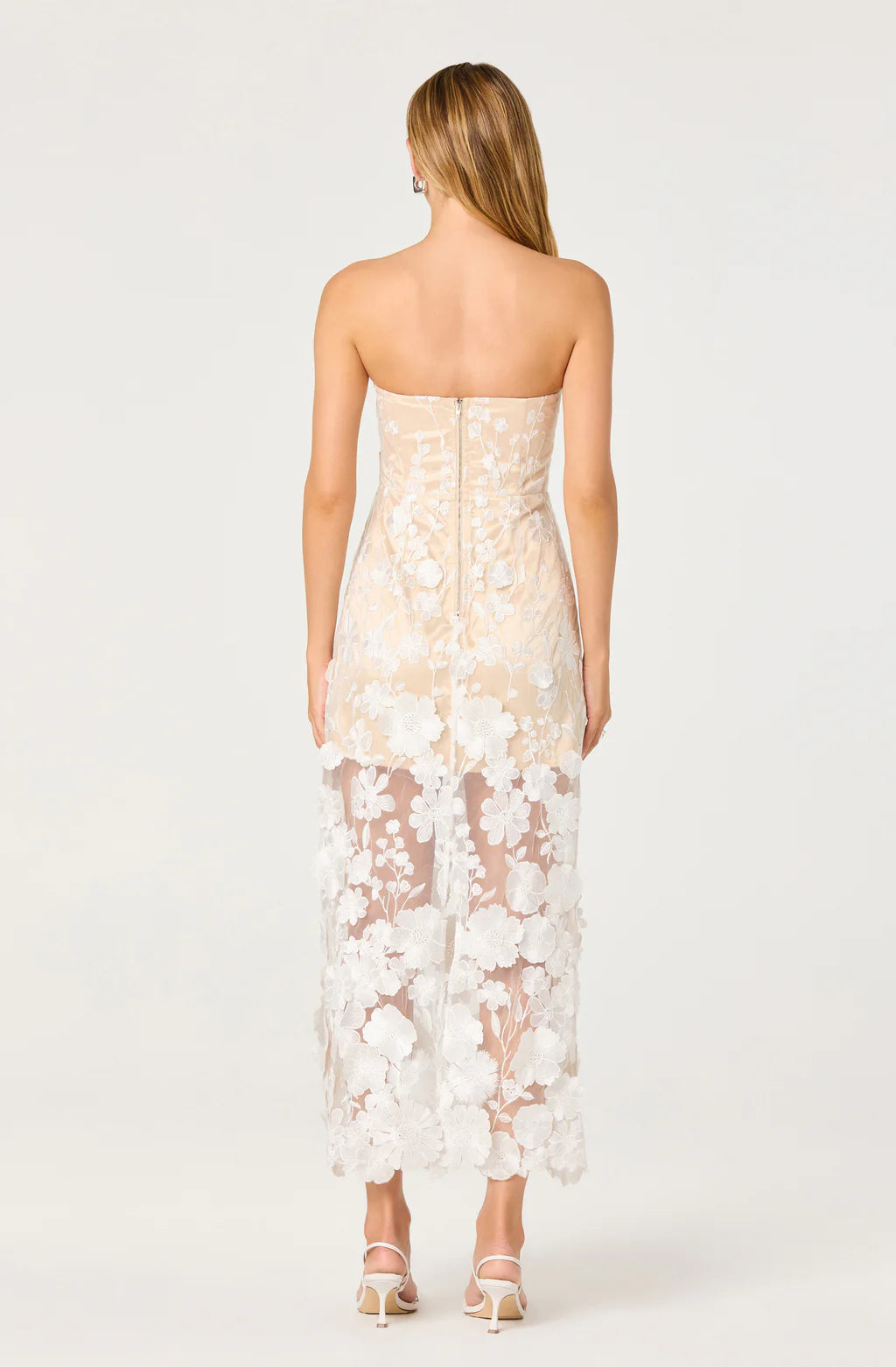 Glamorous Fitted Strapless Mesh Midi Floral Lace Evening Dress