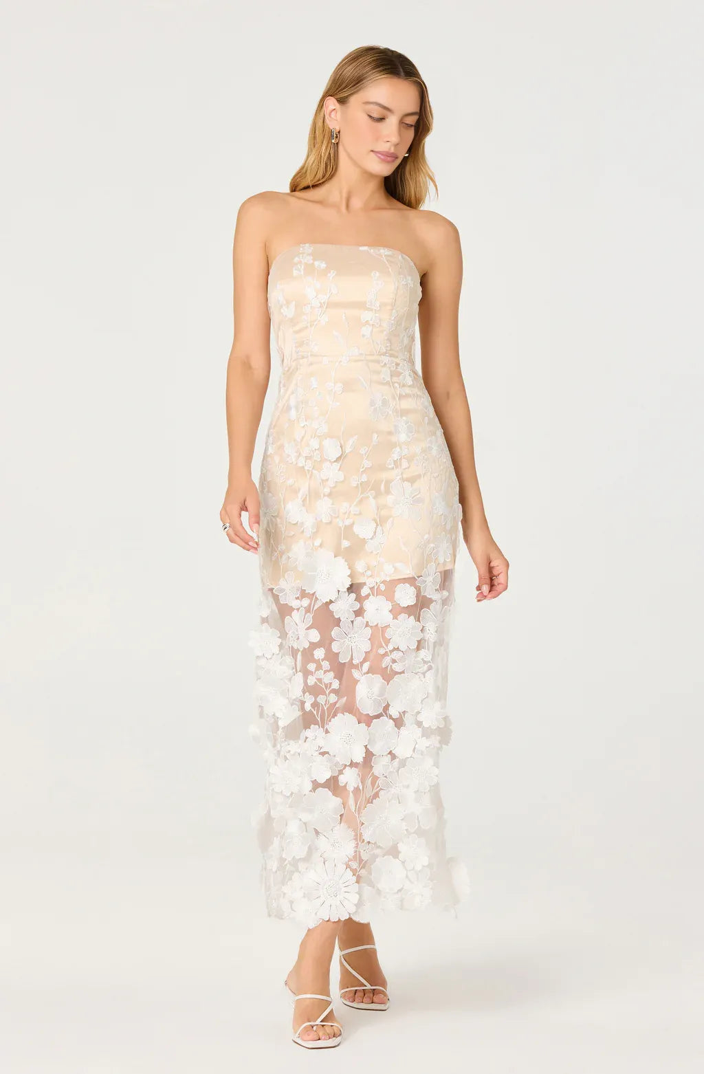 Glamorous Fitted Strapless Mesh Midi Floral Lace Evening Dress