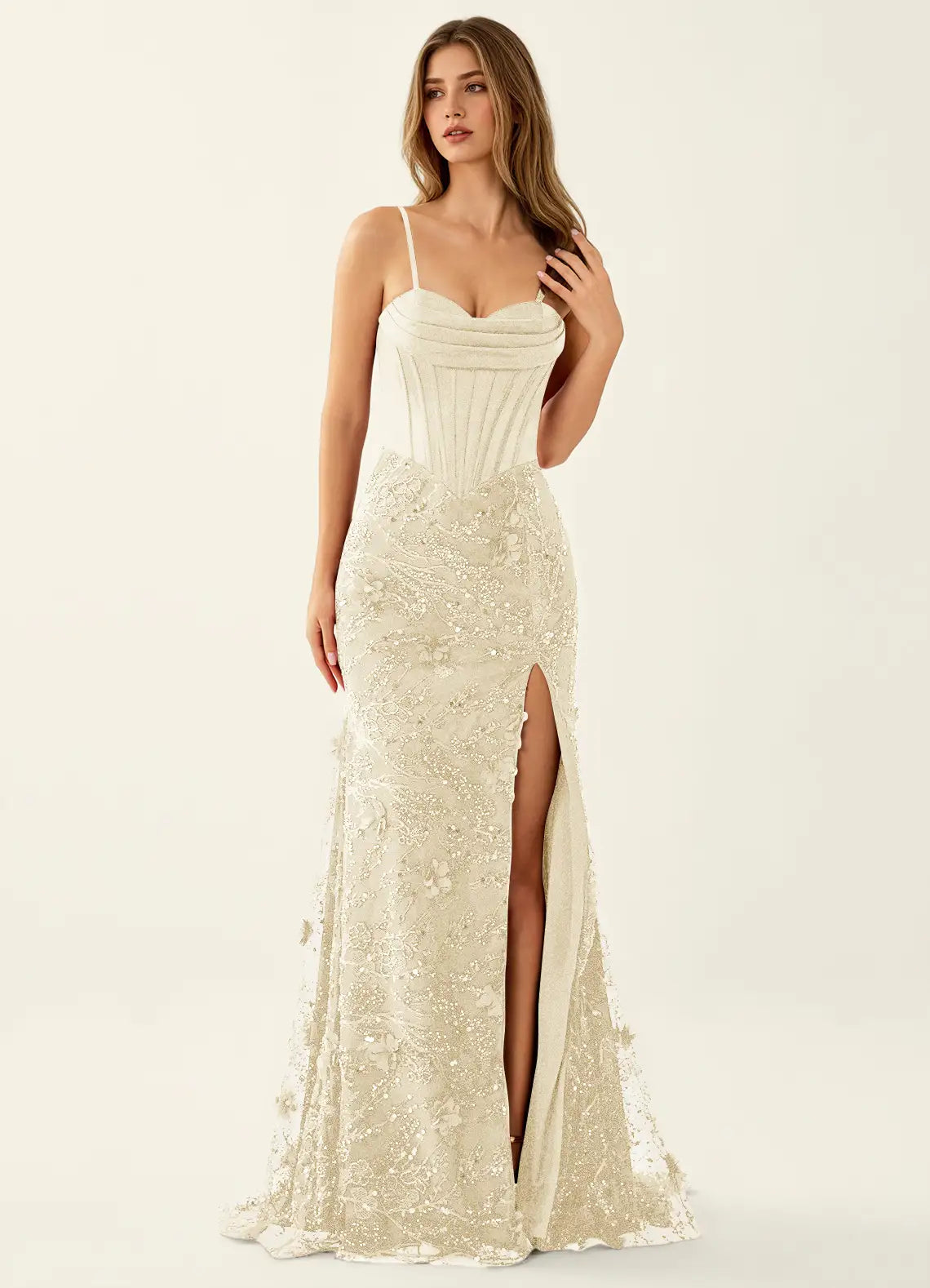 Vestido largo de fiesta de corsé con aberturas, escote corazón, encaje ceñido y cuentas, glamuroso