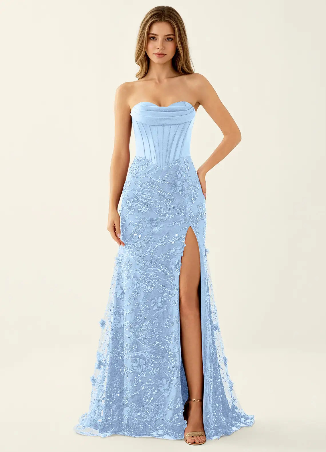 Vestido largo de fiesta de corsé con aberturas, escote corazón, encaje ceñido y cuentas, glamuroso