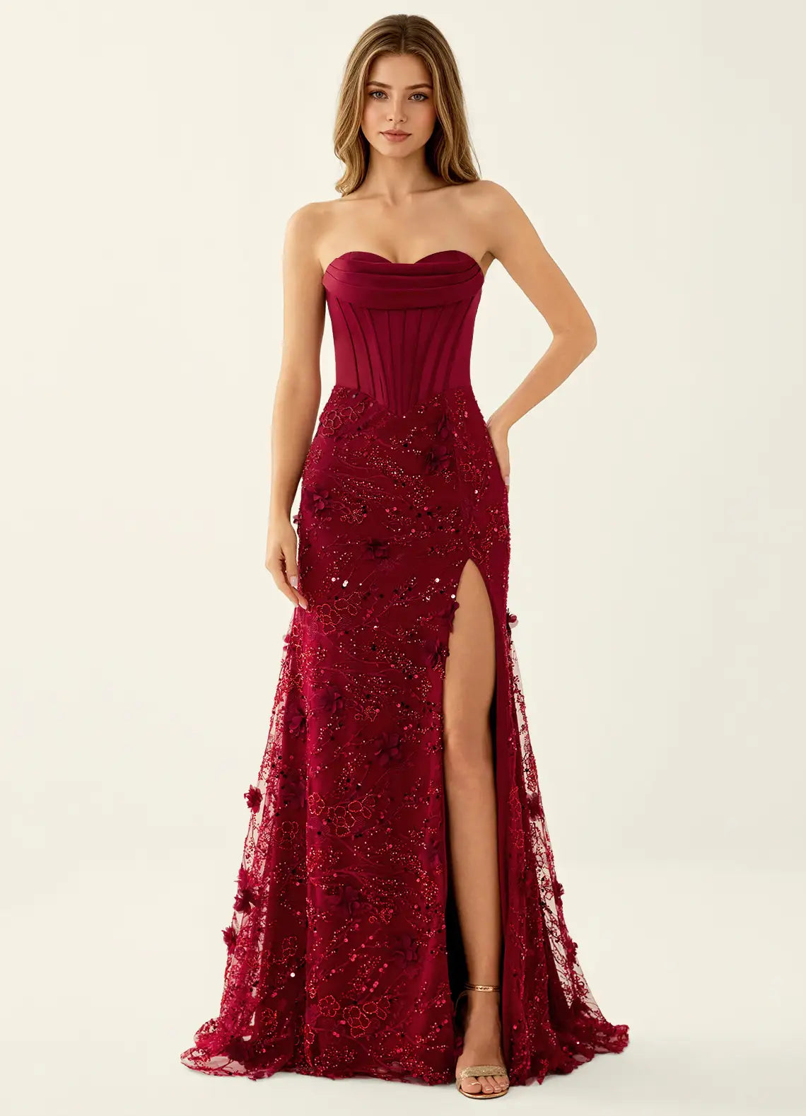Vestido largo de fiesta de corsé con aberturas, escote corazón, encaje ceñido y cuentas, glamuroso