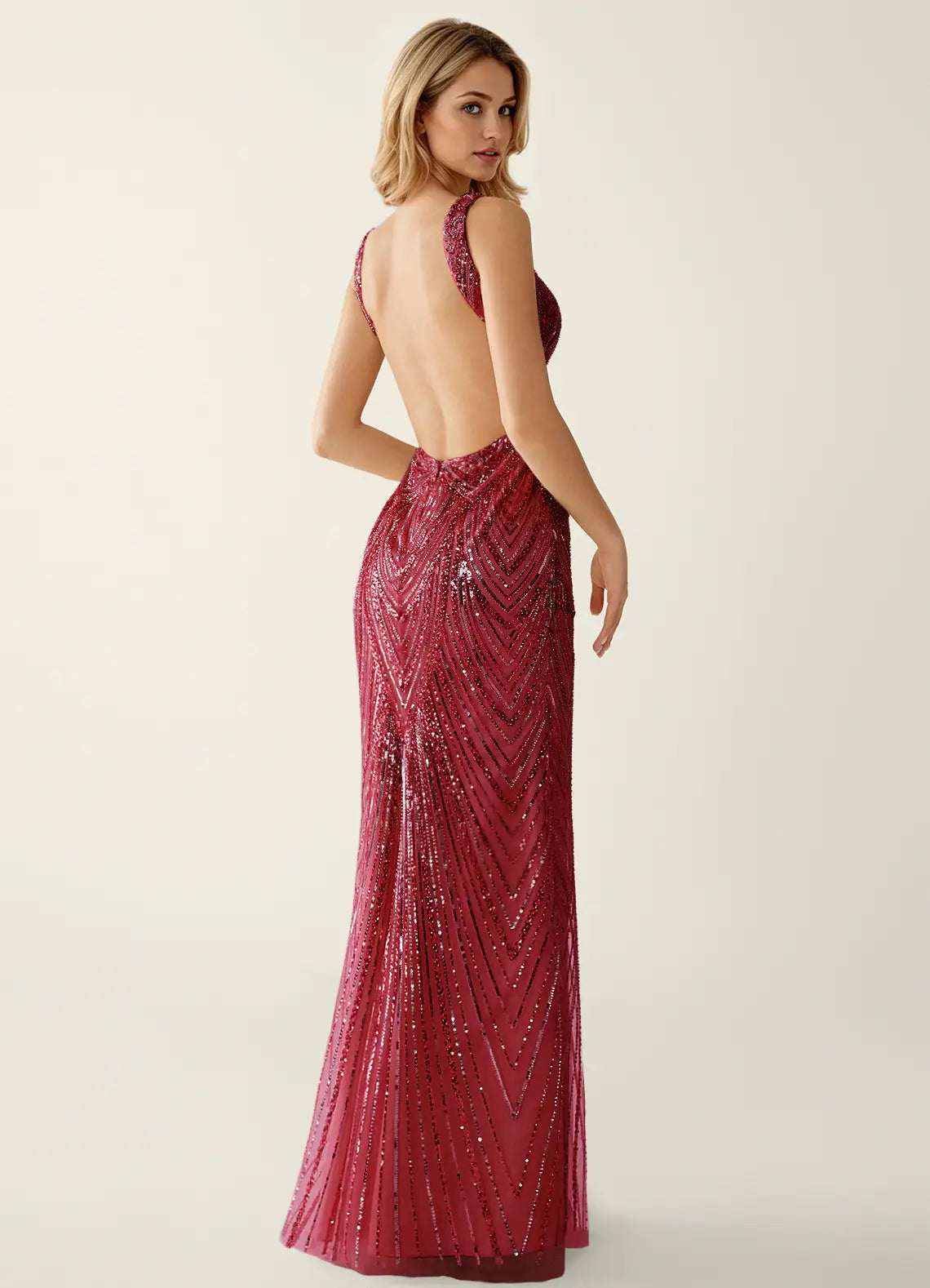 Vestido de noche largo con escote en V, lentejuelas, estilo sirena, espalda descubierta, para fiesta de graduación