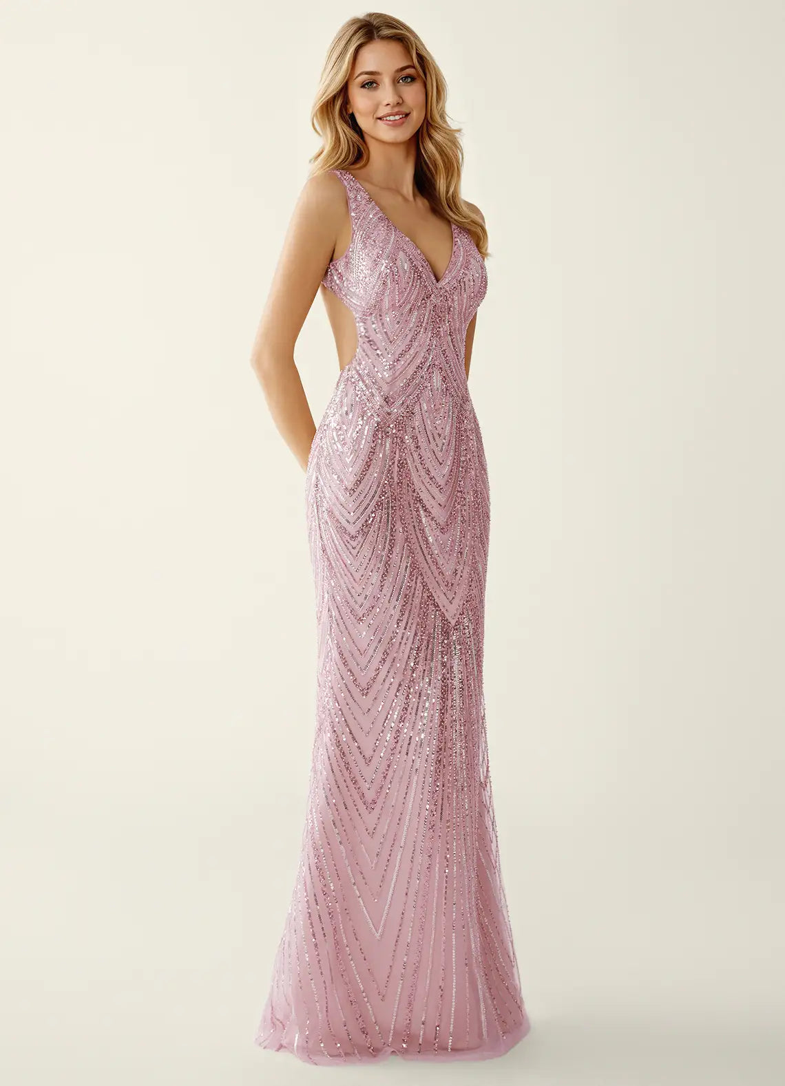 Vestido de noche largo con escote en V, lentejuelas, estilo sirena, espalda descubierta, para fiesta de graduación