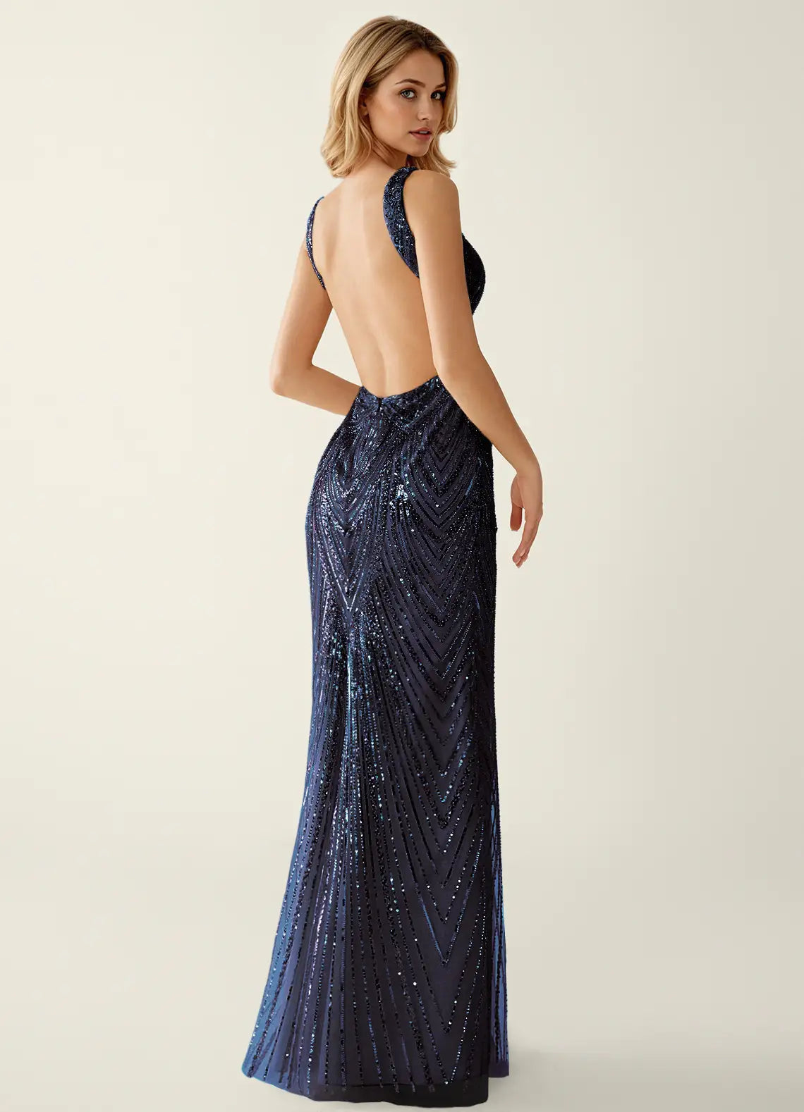 Vestido de noche largo con escote en V, lentejuelas, estilo sirena, espalda descubierta, para fiesta de graduación