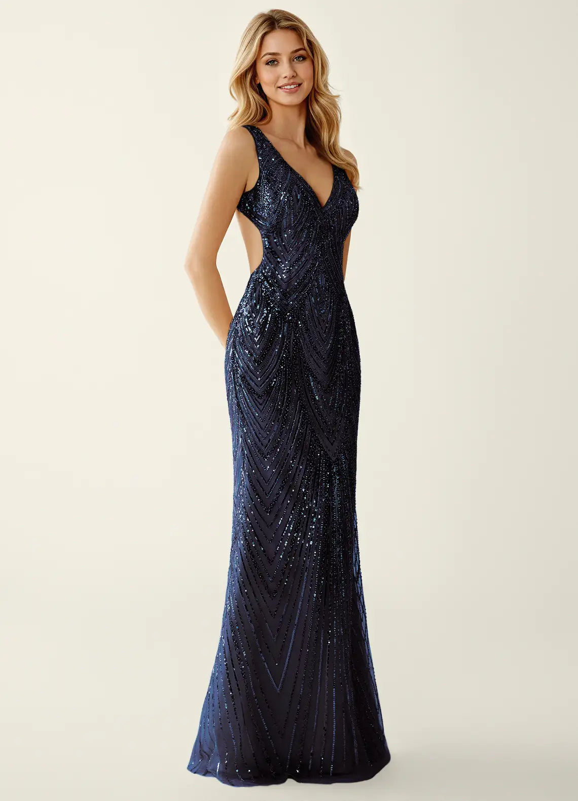Vestido de noche largo con escote en V, lentejuelas, estilo sirena, espalda descubierta, para fiesta de graduación
