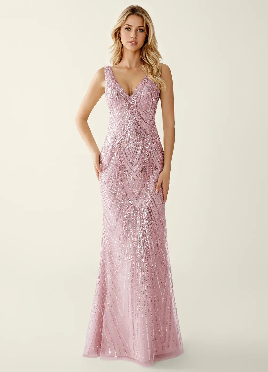 Vestido de noche largo con escote en V, lentejuelas, estilo sirena, espalda descubierta, para fiesta de graduación