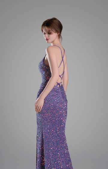 Glamorous Mermaid Cowl Neck Sleeveless Sequin Floor Length Crisscross Back Slit Evening Dress