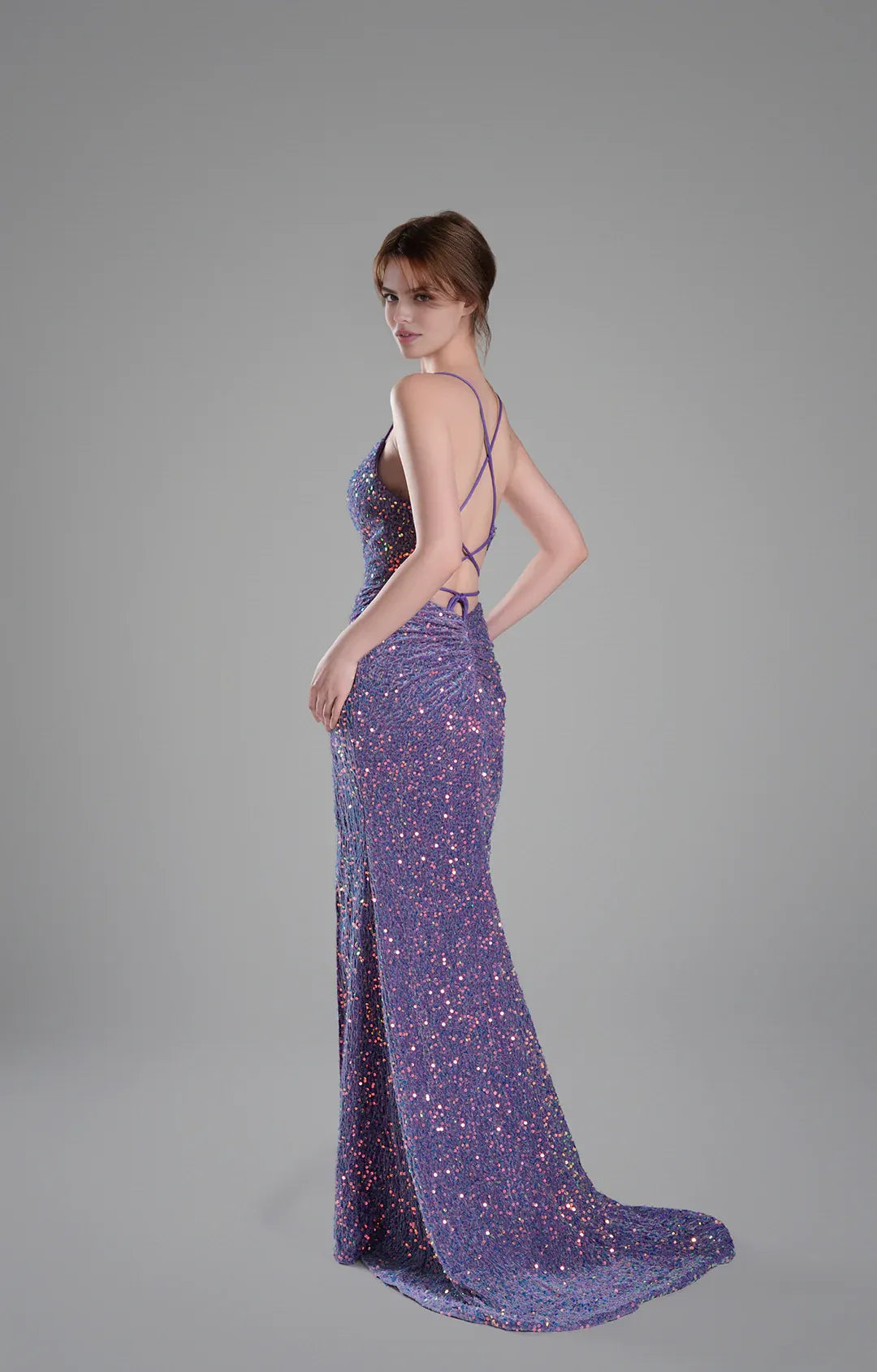 Glamorous Mermaid Cowl Neck Sleeveless Sequin Floor Length Crisscross Back Slit Evening Dress