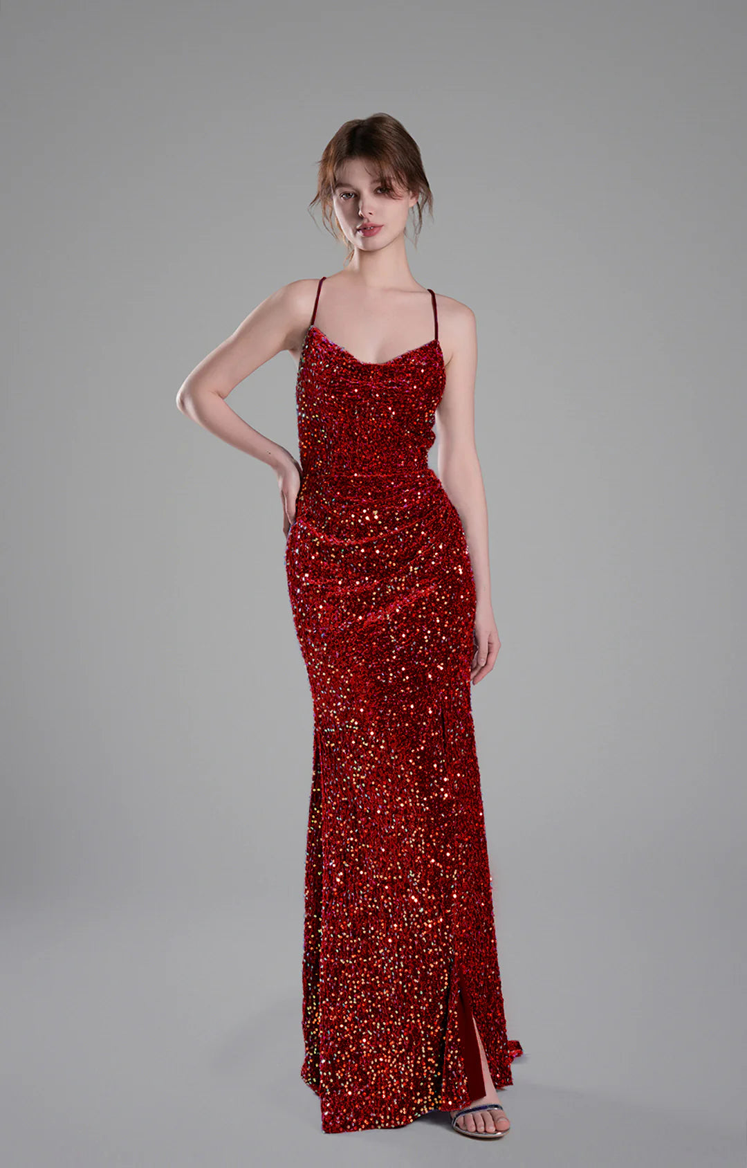 Glamorous Mermaid Cowl Neck Sleeveless Sequin Floor Length Crisscross Back Slit Evening Dress