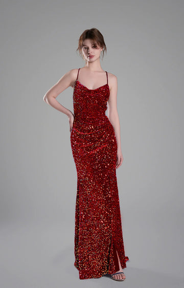 Glamorous Mermaid Cowl Neck Sleeveless Sequin Floor Length Crisscross Back Slit Evening Dress