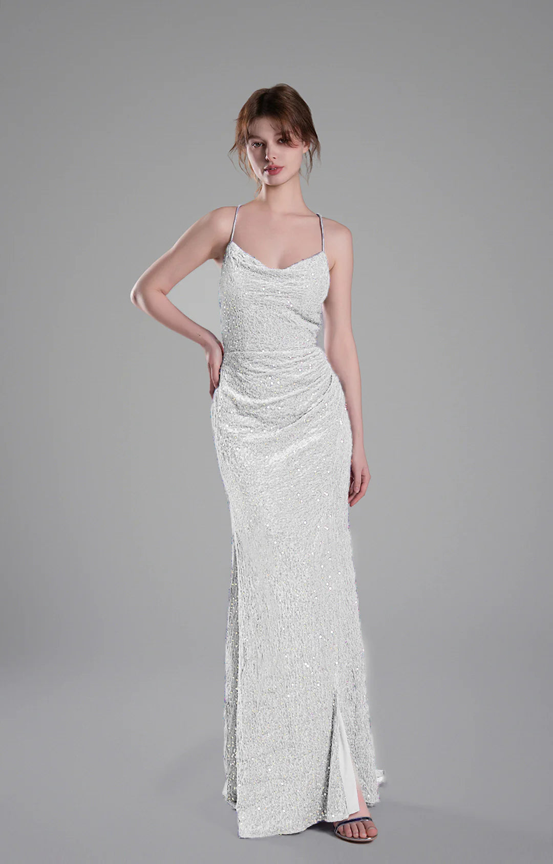 Glamorous Mermaid Cowl Neck Sleeveless Sequin Floor Length Crisscross Back Slit Evening Dress