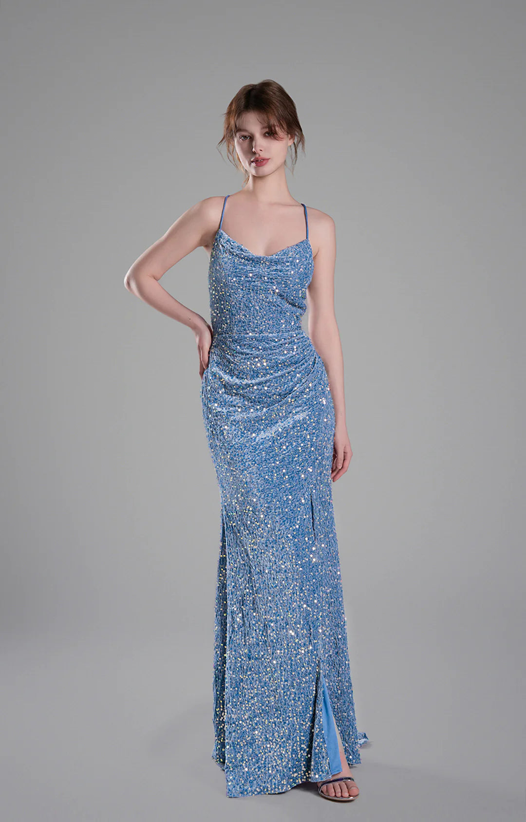 Glamorous Mermaid Cowl Neck Sleeveless Sequin Floor Length Crisscross Back Slit Evening Dress