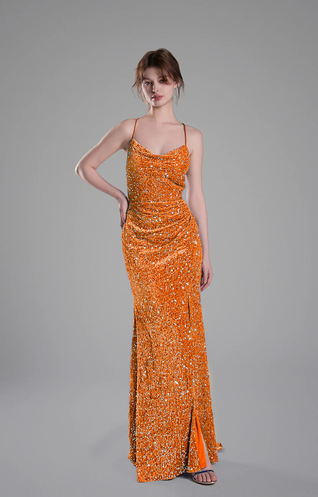 Glamorous Mermaid Cowl Neck Sleeveless Sequin Floor Length Crisscross Back Slit Evening Dress
