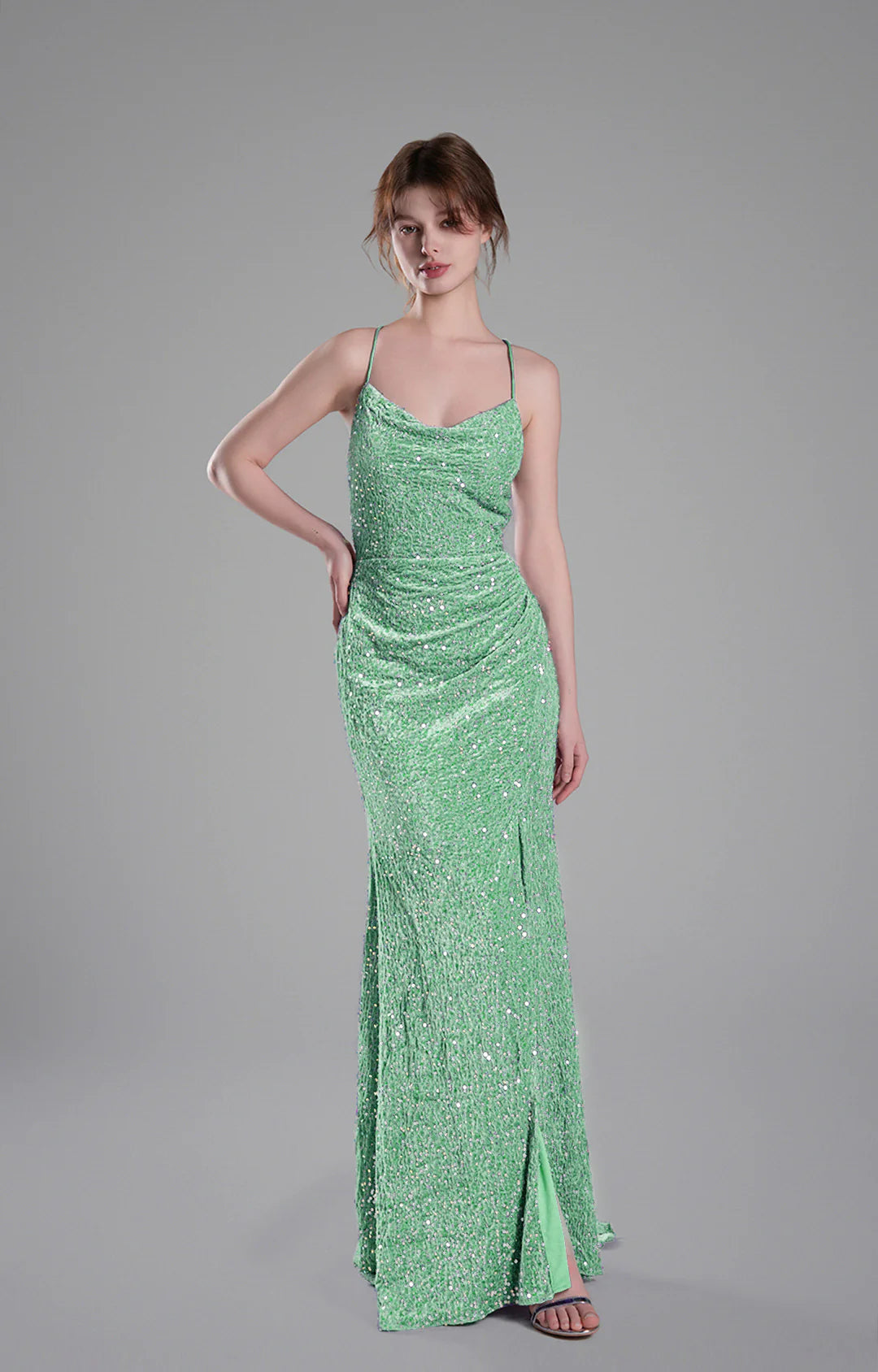 Glamorous Mermaid Cowl Neck Sleeveless Sequin Floor Length Crisscross Back Slit Evening Dress