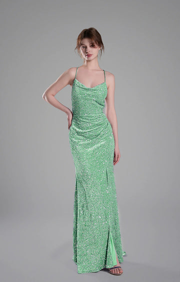 Glamorous Mermaid Cowl Neck Sleeveless Sequin Floor Length Crisscross Back Slit Evening Dress
