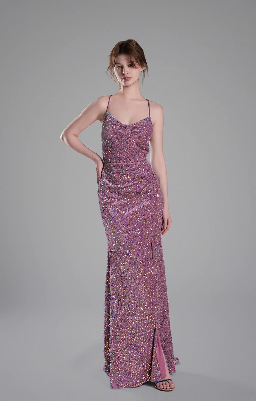 Glamorous Mermaid Cowl Neck Sleeveless Sequin Floor Length Crisscross Back Slit Evening Dress